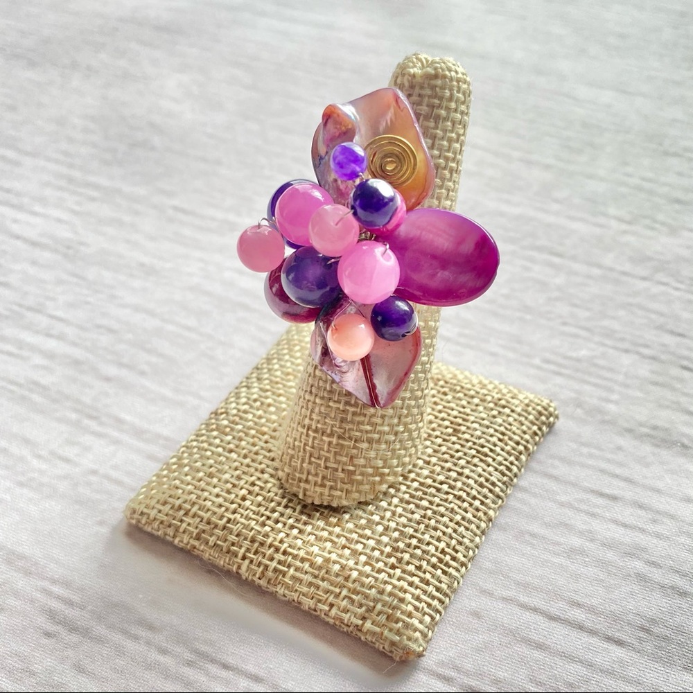 Flower Ring - Purple Beads & Pearl Shell